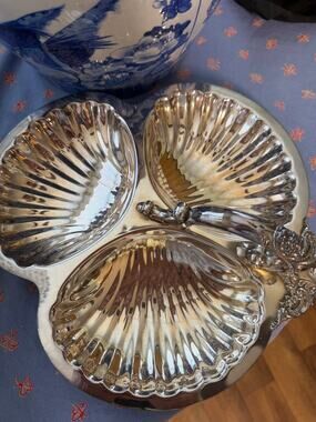 Vintage Wallace Baroque Silverplate Three-Part Shell Relish Serving Dish Tray